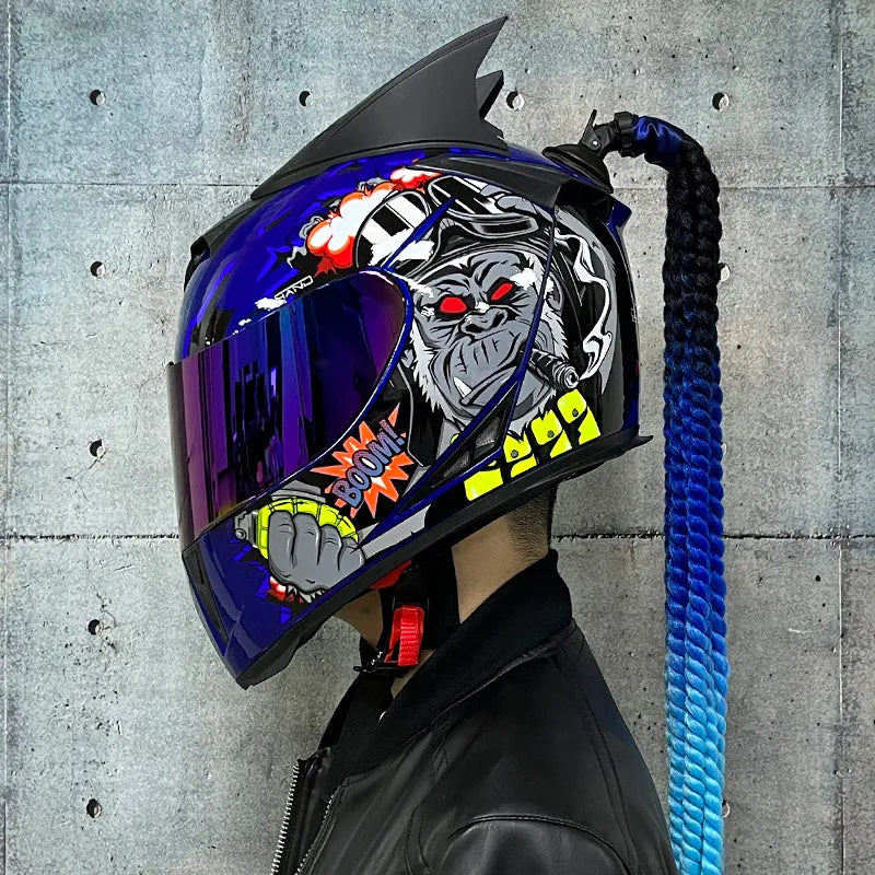 Couples motorcycle helmets with graphic designs in black, blue, and grey colours