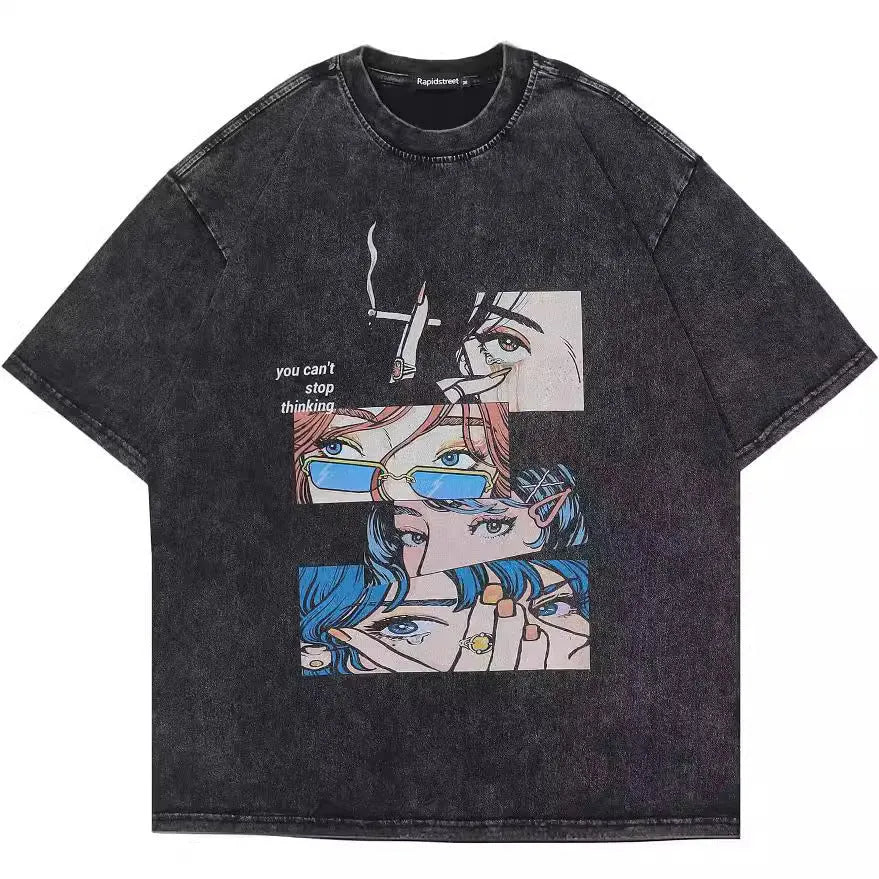 Men's black loose fit cotton t-shirt with cartoon digital print and short sleeves