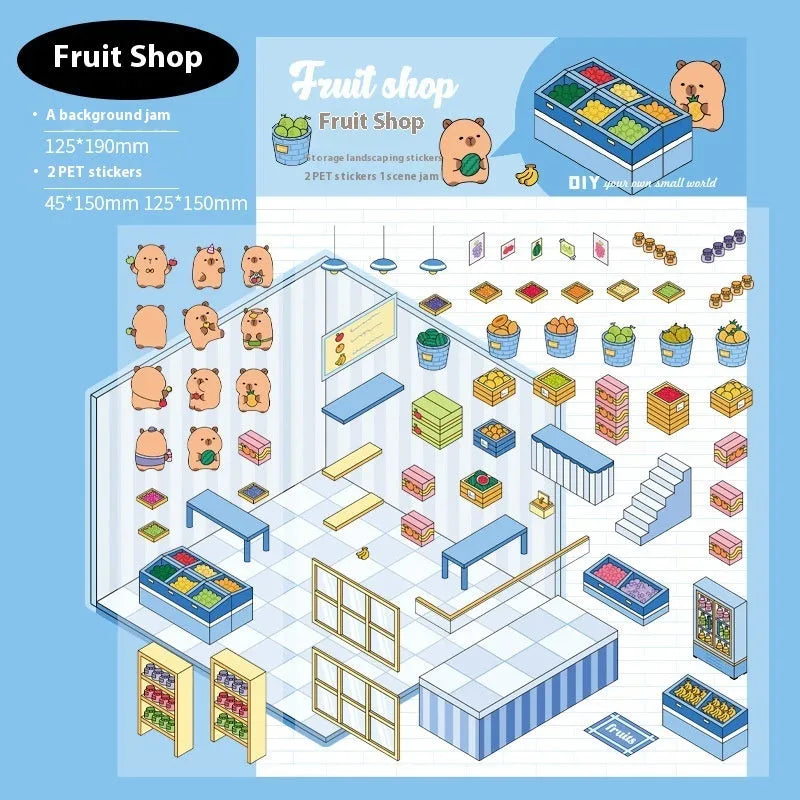 Capabala cut-free PET cartoon stickers showing eight different scene designs including a pink restaurant and a blue fruit shop