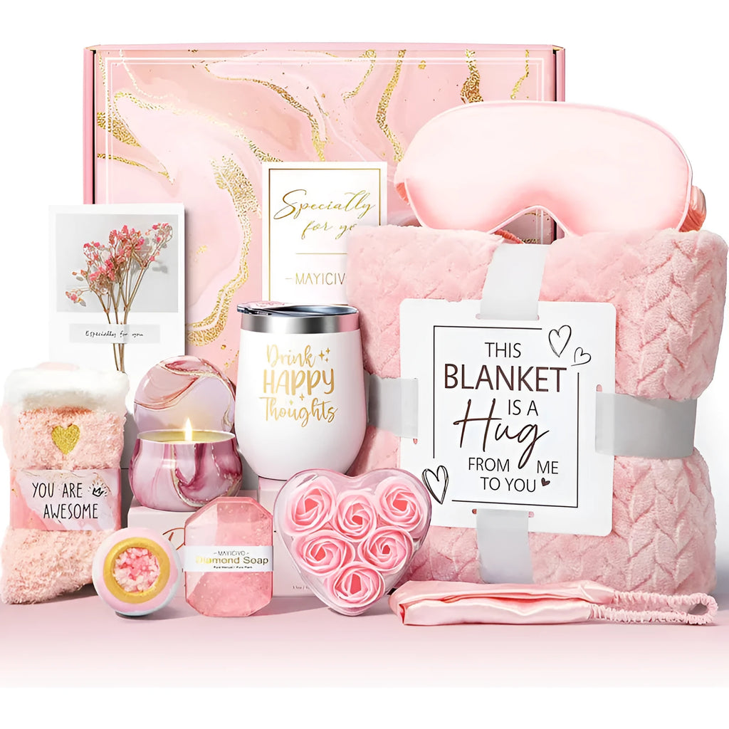 Modern aromatherapy bath gift set in plastic container with candle, soap, and bath products