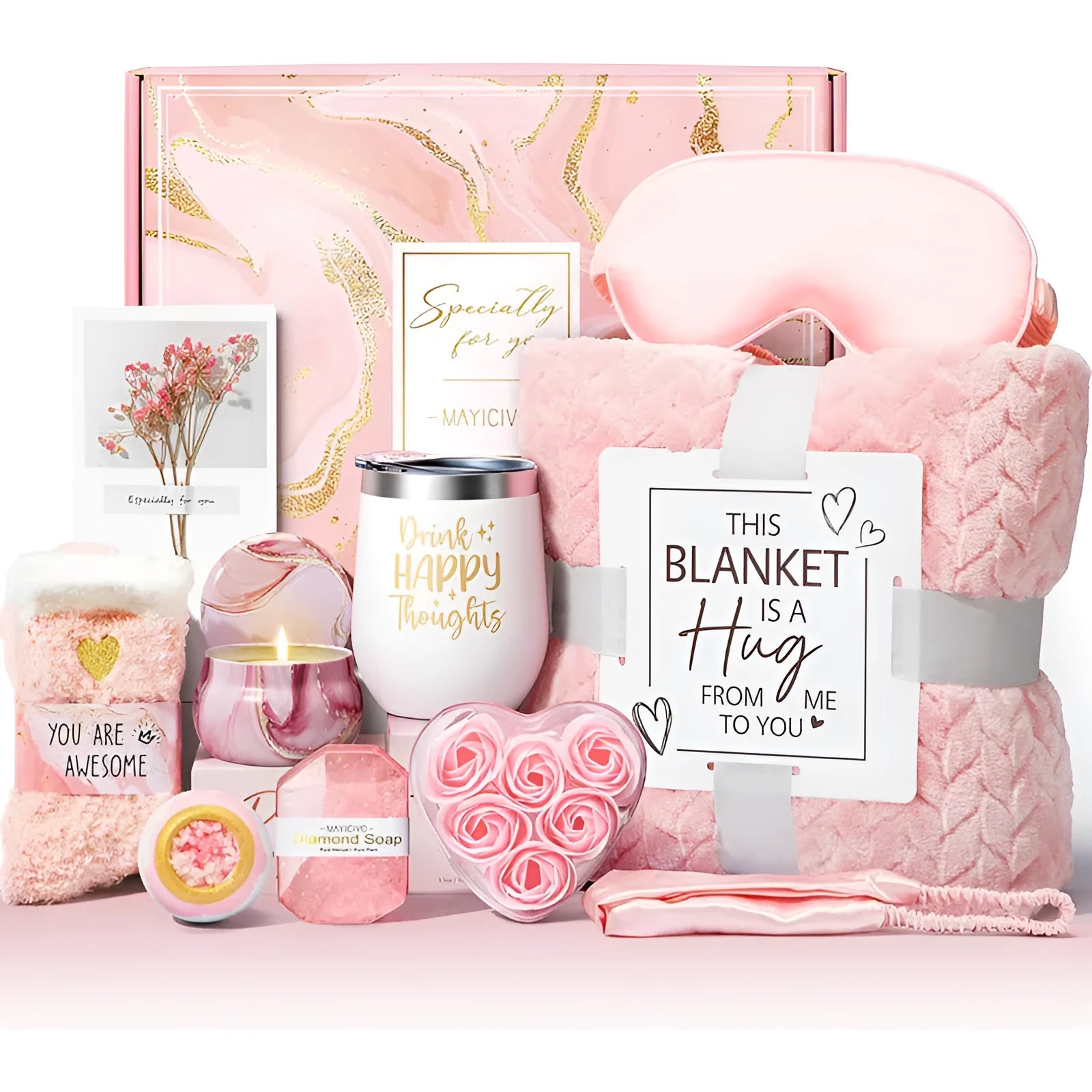 Modern aromatherapy bath gift set in plastic container with candle, soap, and bath products