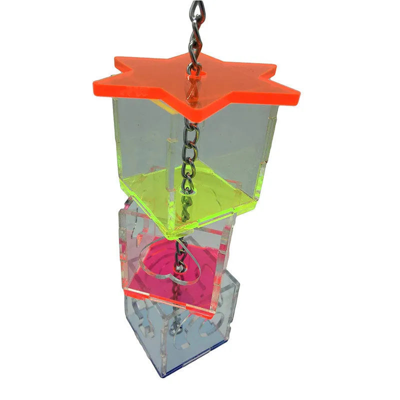 Clear acrylic bird foraging toy measuring 5x5x32cm for parrot enrichment with treats