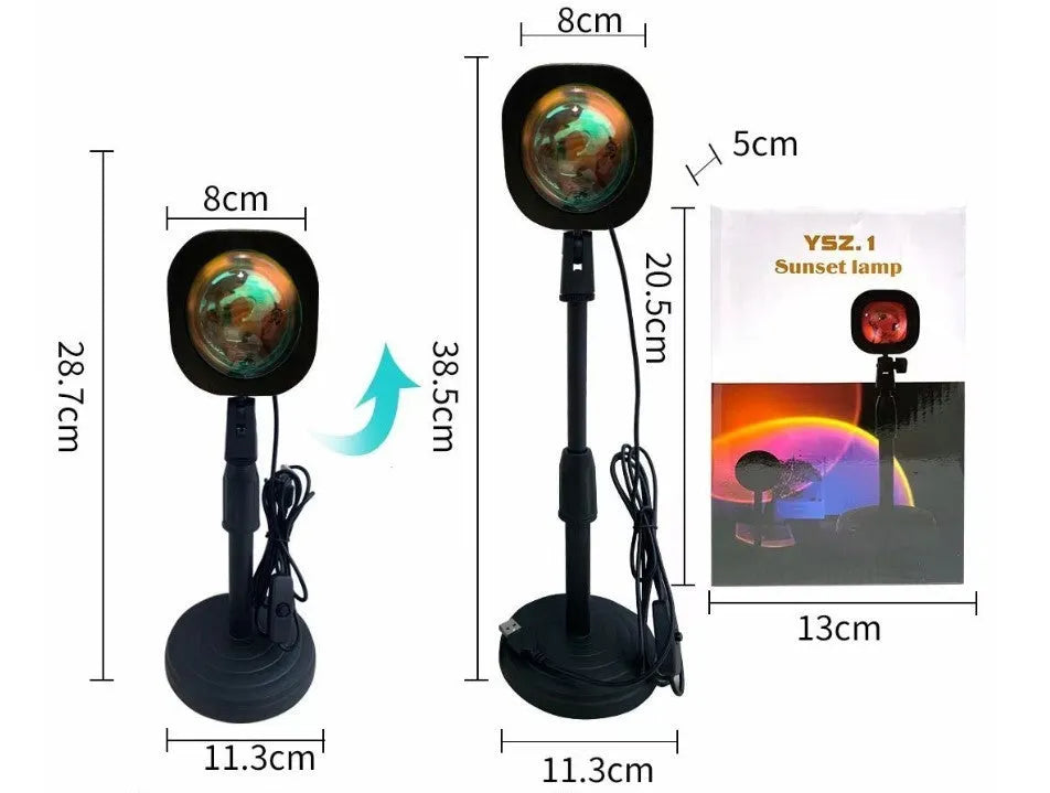 Rechargeable rainbow sunset projection lamp with USB power option in sunset red colour