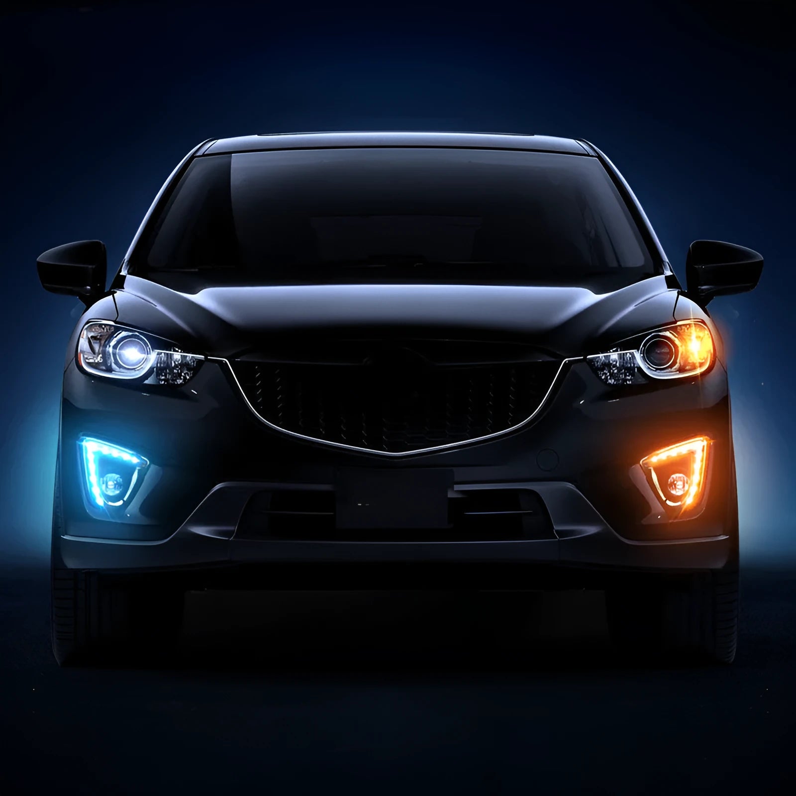 Mazda CX-5 LED daytime running lights showing electroplated white light with turning signal options
