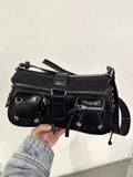 Black structured PU baguette messenger bag with a long adjustable shoulder strap.
