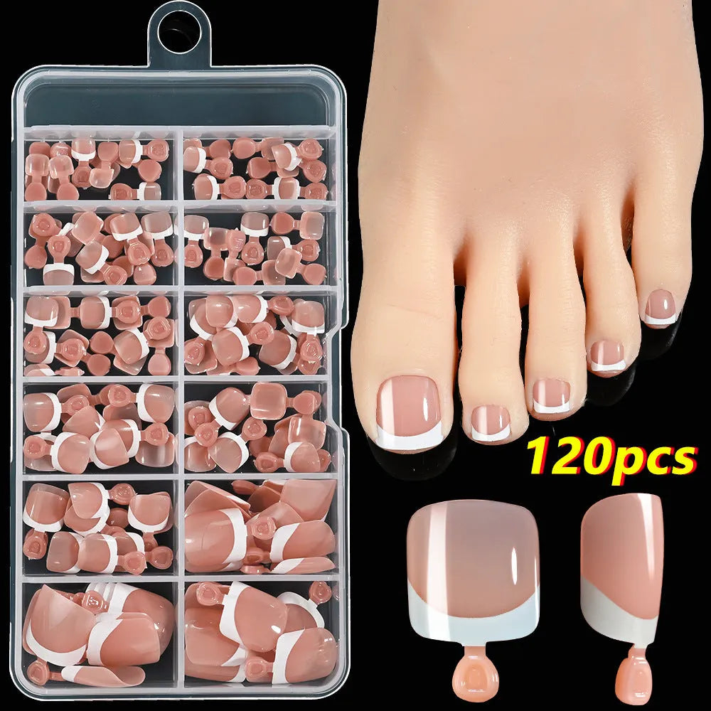 Box of 120 French white tip artificial toenails in nude colours, square short shape.