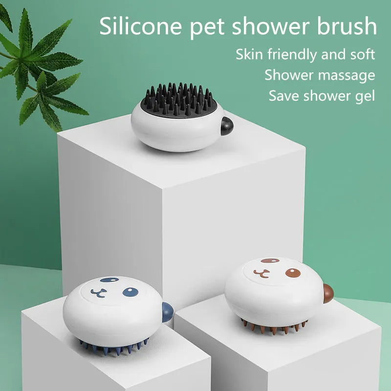 Panda-shaped silicone pet bath brush with soft bristles for washing cats and dogs.
