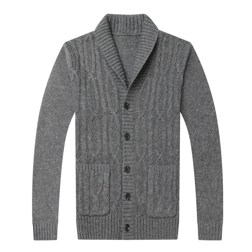Men's knitted jacquard cardigan in a straight cut, shown in dark grey colour