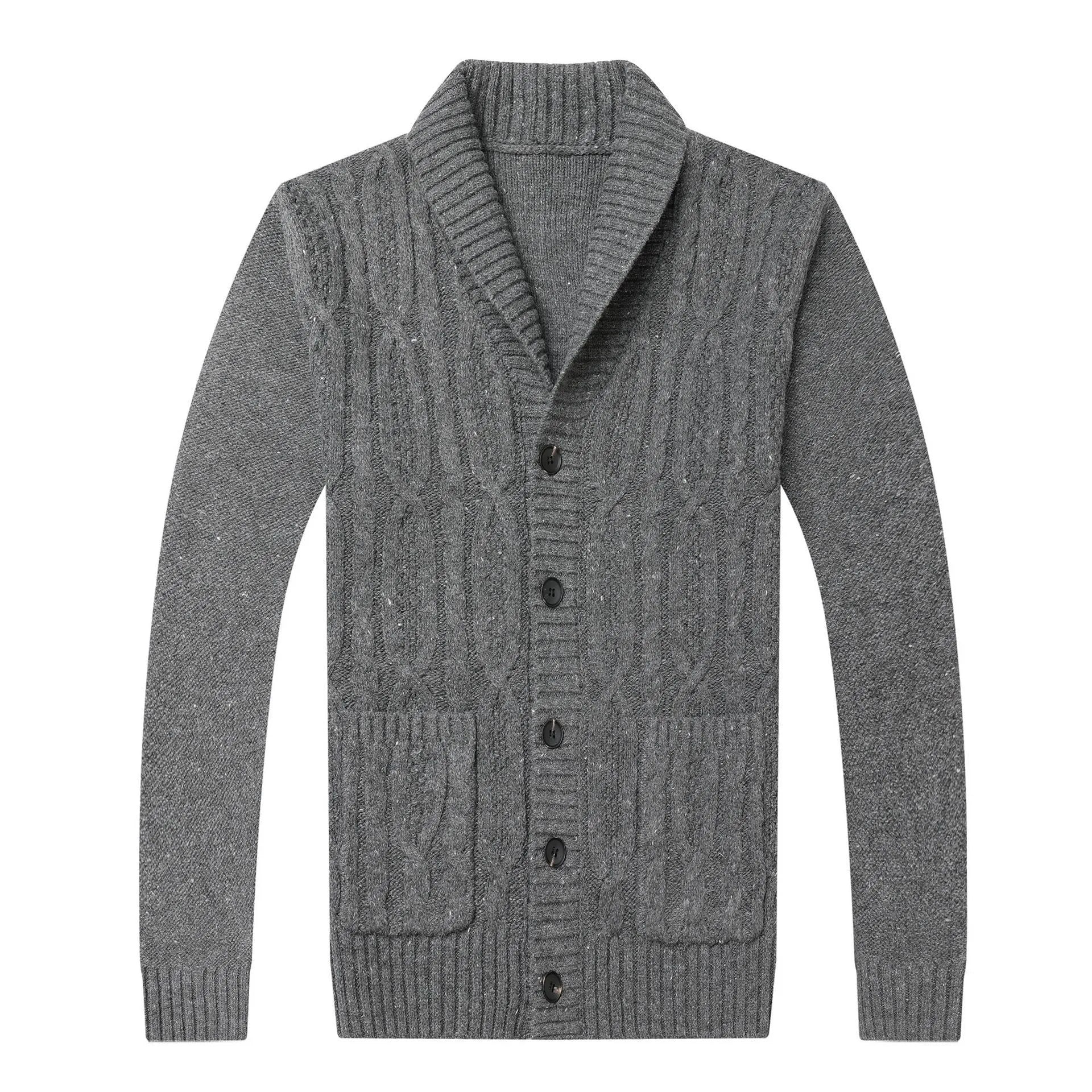 Men's knitted jacquard cardigan in a straight cut, shown in dark grey colour