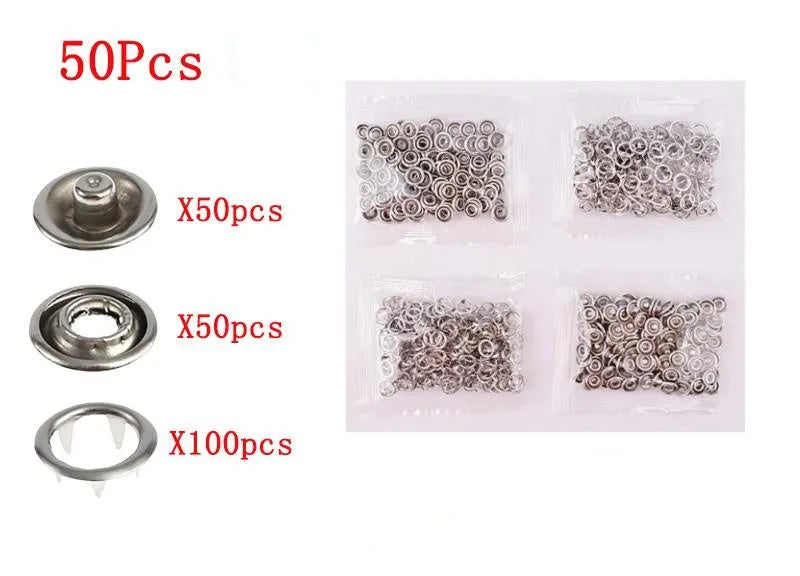Five claw no-sew stainless steel button for children's clothing measuring 9.5mm with application pliers