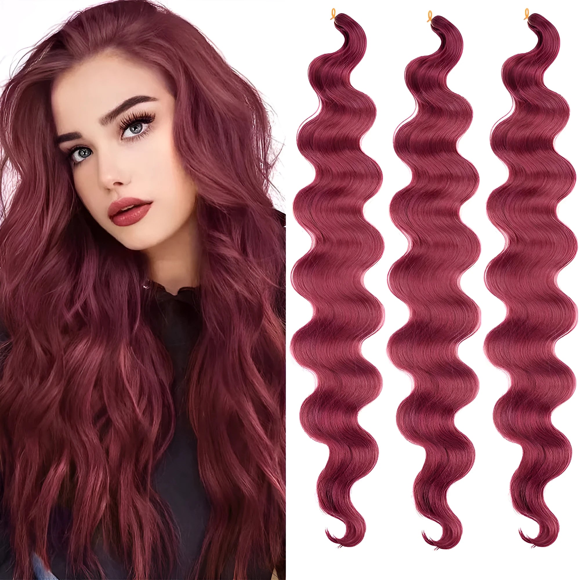 Wine red synthetic wig with big waves, 24 inches long, for crochet braid hairstyles.