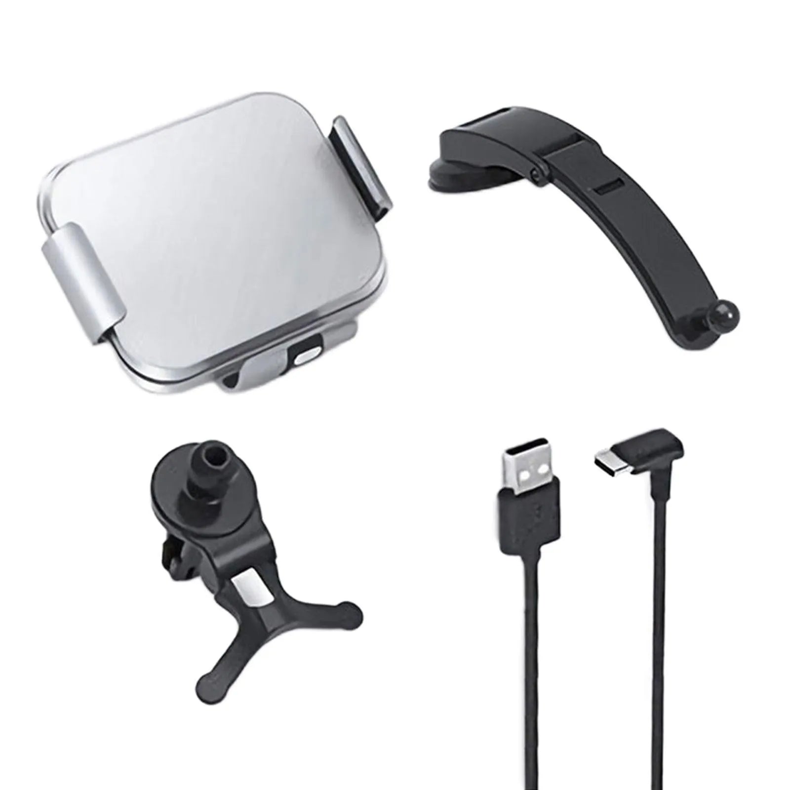 Grey and white folding screen wireless charging mobile phone holder with car air vent clip and suction cup mount.