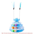 Blue 4-tier interactive cat puzzle toy with sliding balls and teasing rods on non-slip base