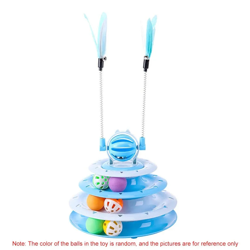 Blue 4-tier interactive cat puzzle toy with sliding balls and teasing rods on non-slip base