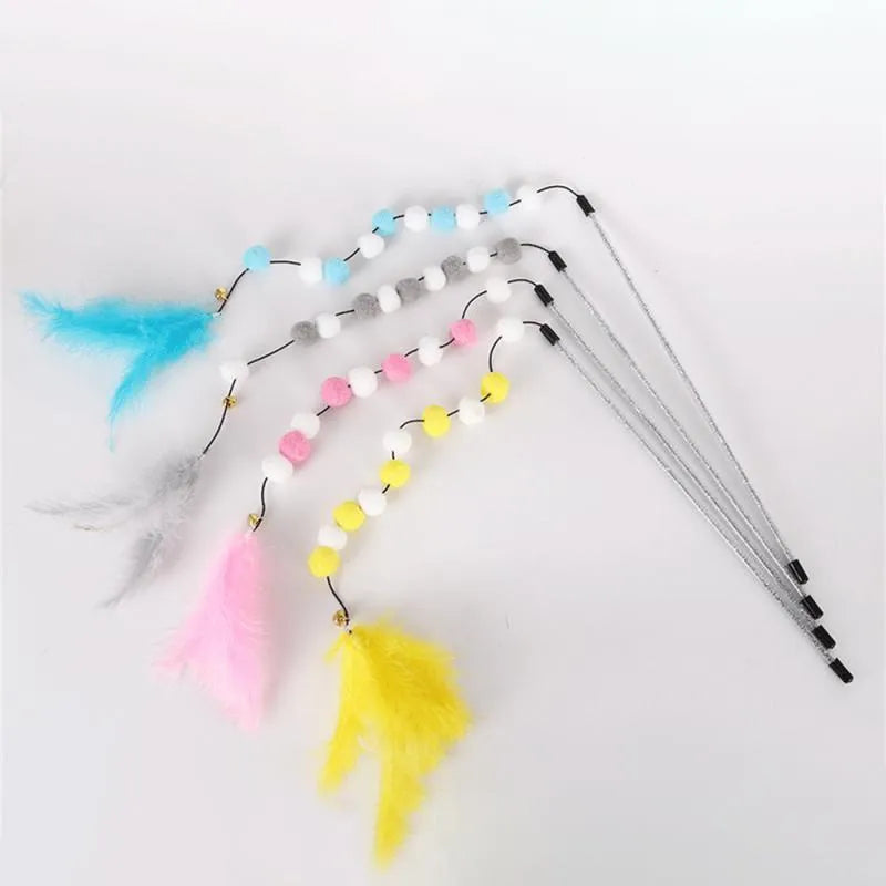 31cm long cat teaser toy rod with colourful pompon feather head and bell
