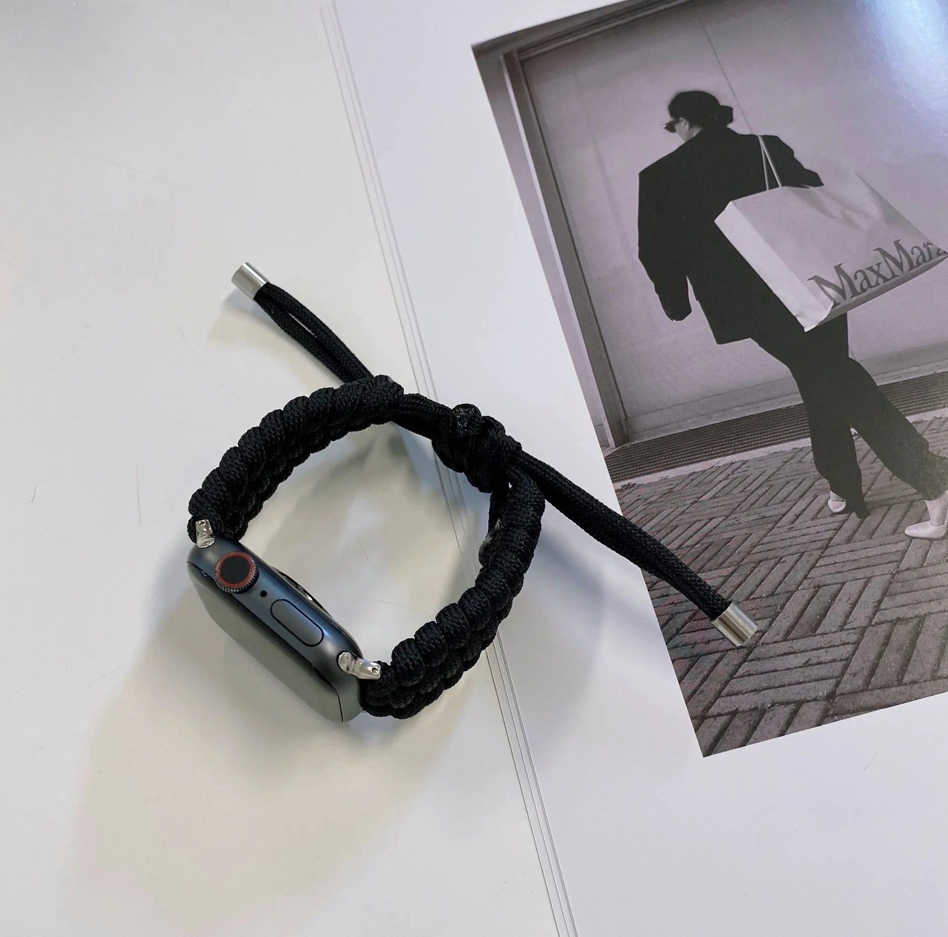 Braided paracord watch strap for Apple Watch and Samsung Huawei smartwatches in black colour