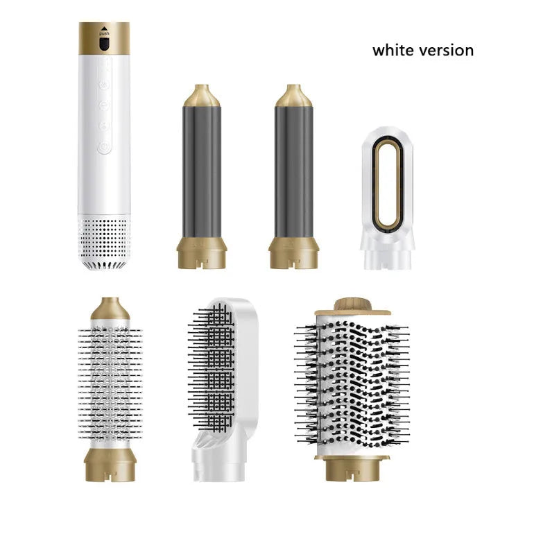 White and dark blue electric hot air styling comb with multiple attachments in leather case