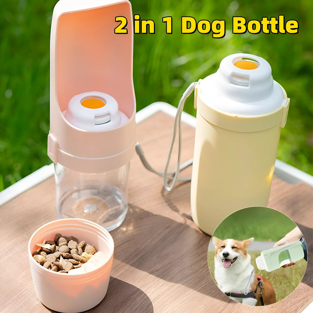 Grey 2-in-1 portable dog water bottle and food feeder with lanyard attached