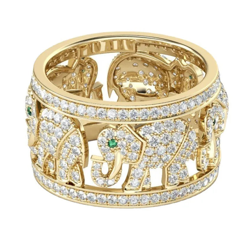 Alloy elephant charm ring with diamond details in electroplated finish showing size options