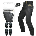 Men's black waterproof motorcycle cycling trousers with protective gear on a mannequin