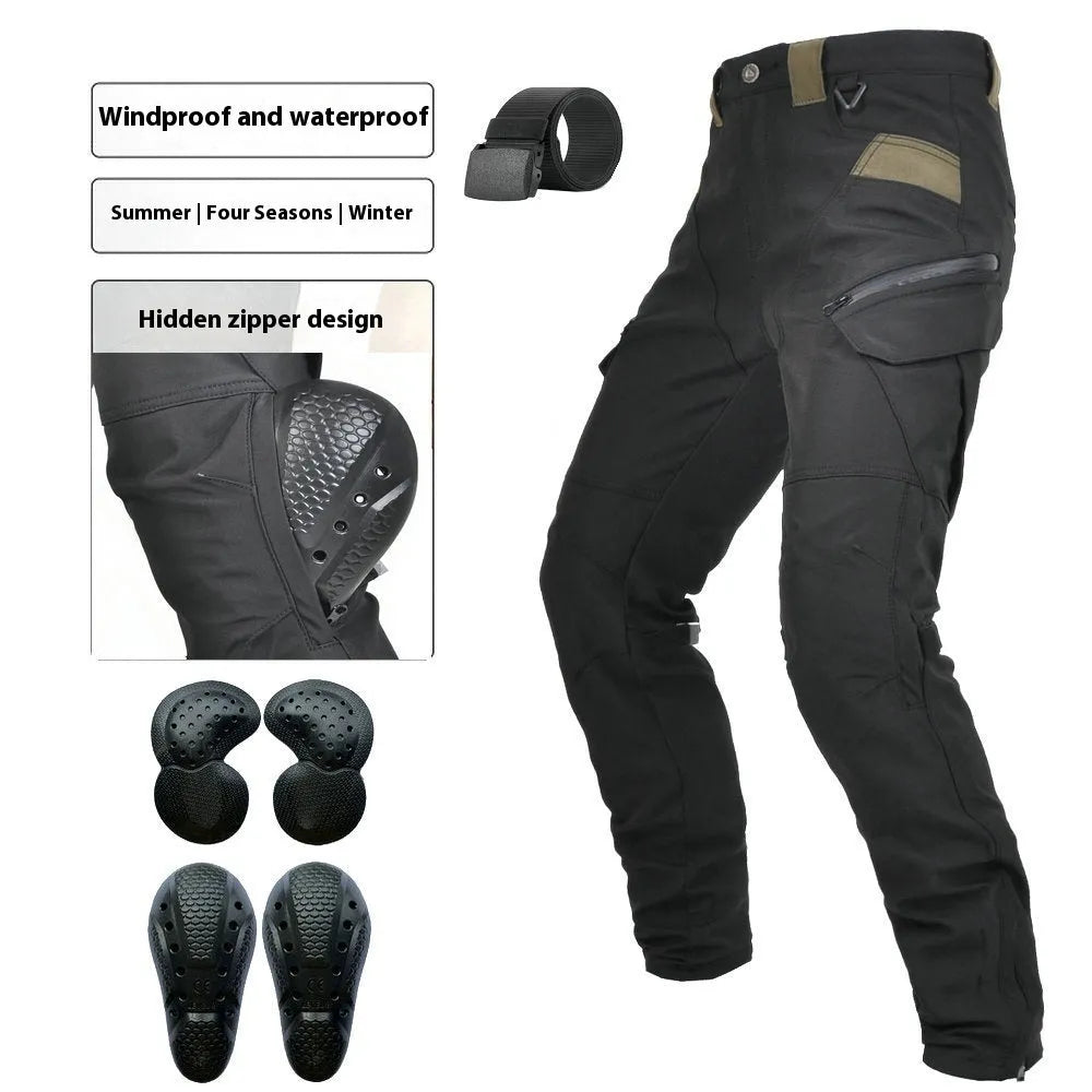 Men's black waterproof motorcycle cycling trousers with protective gear on a mannequin