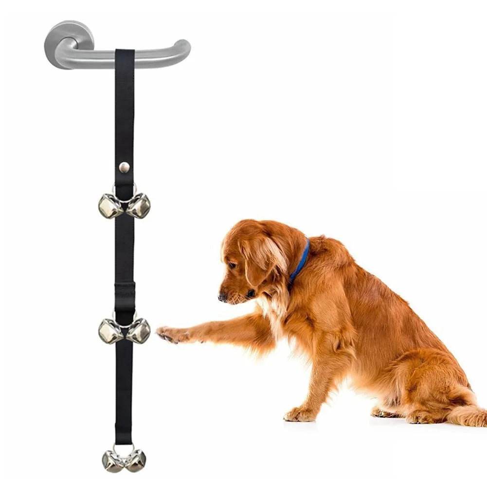 Dog training doorbell with seven silver metal bells on adjustable nylon strap for toilet training