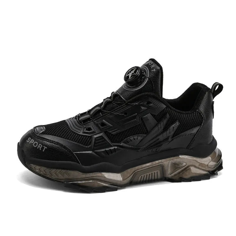 Men's black rotating button dad shoes with mesh upper and platform sole