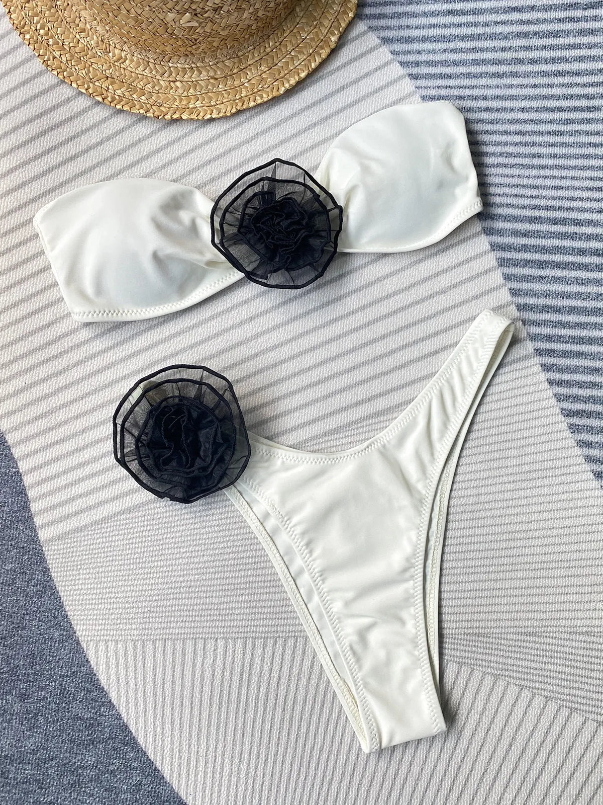 Polyester bikini swimsuit with tube top and floral split design in multiple colours