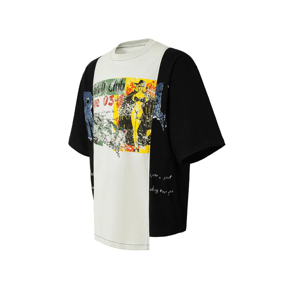 Black and white deconstruction printed oversized cotton blend t-shirt on a model.
