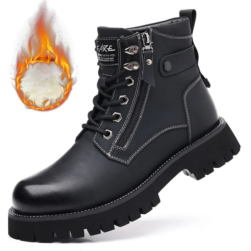 Men's brown high-top leather Martin boots with side zipper and round toe on a non-slip rubber sole.