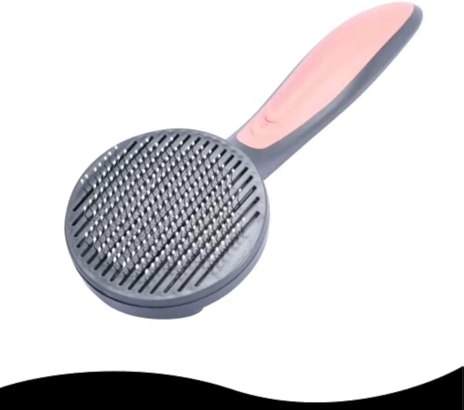 Grey self-cleaning pet slicker brush with massage-tipped bristles and a comfort-grip handle on a white background.