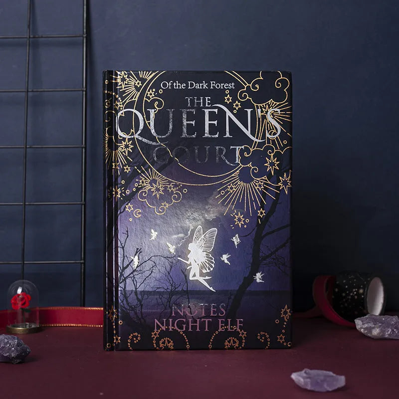 A5 hardcover notebook with luminous retro night elves design showing blue and purple colour options