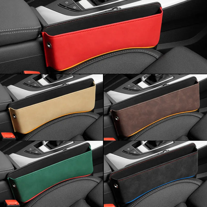 Black leather car seat storage box with a suede finish, shown on a car rear seat.