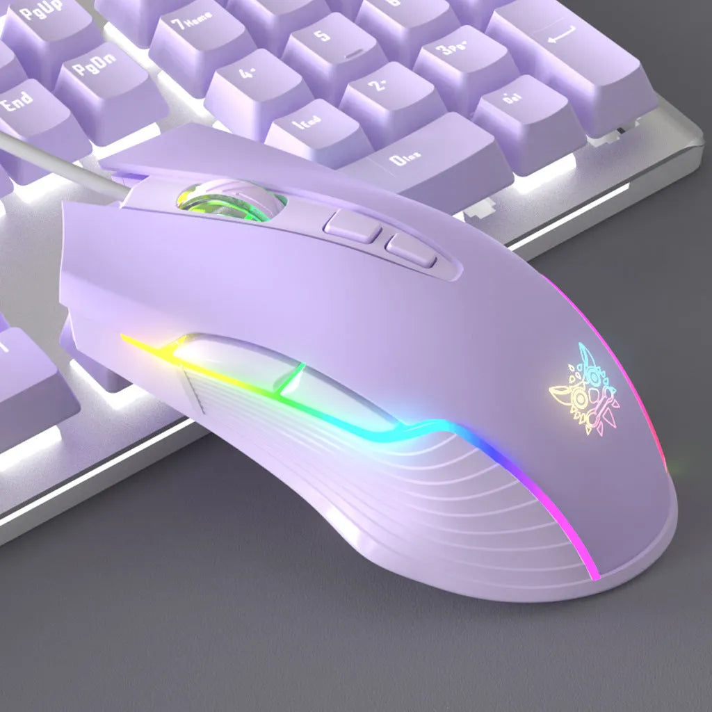 White and purple mechanical keyboard and mouse set with RGB backlight and gaming headset