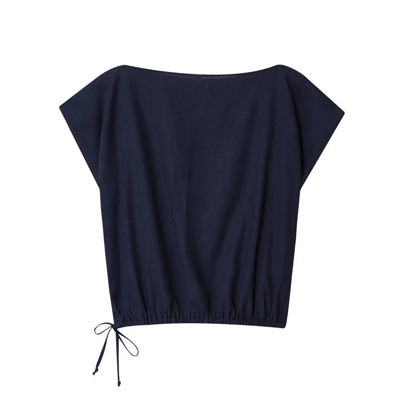 Women's linen blend shirt and trousers set with flounced sleeves in Asian sizes