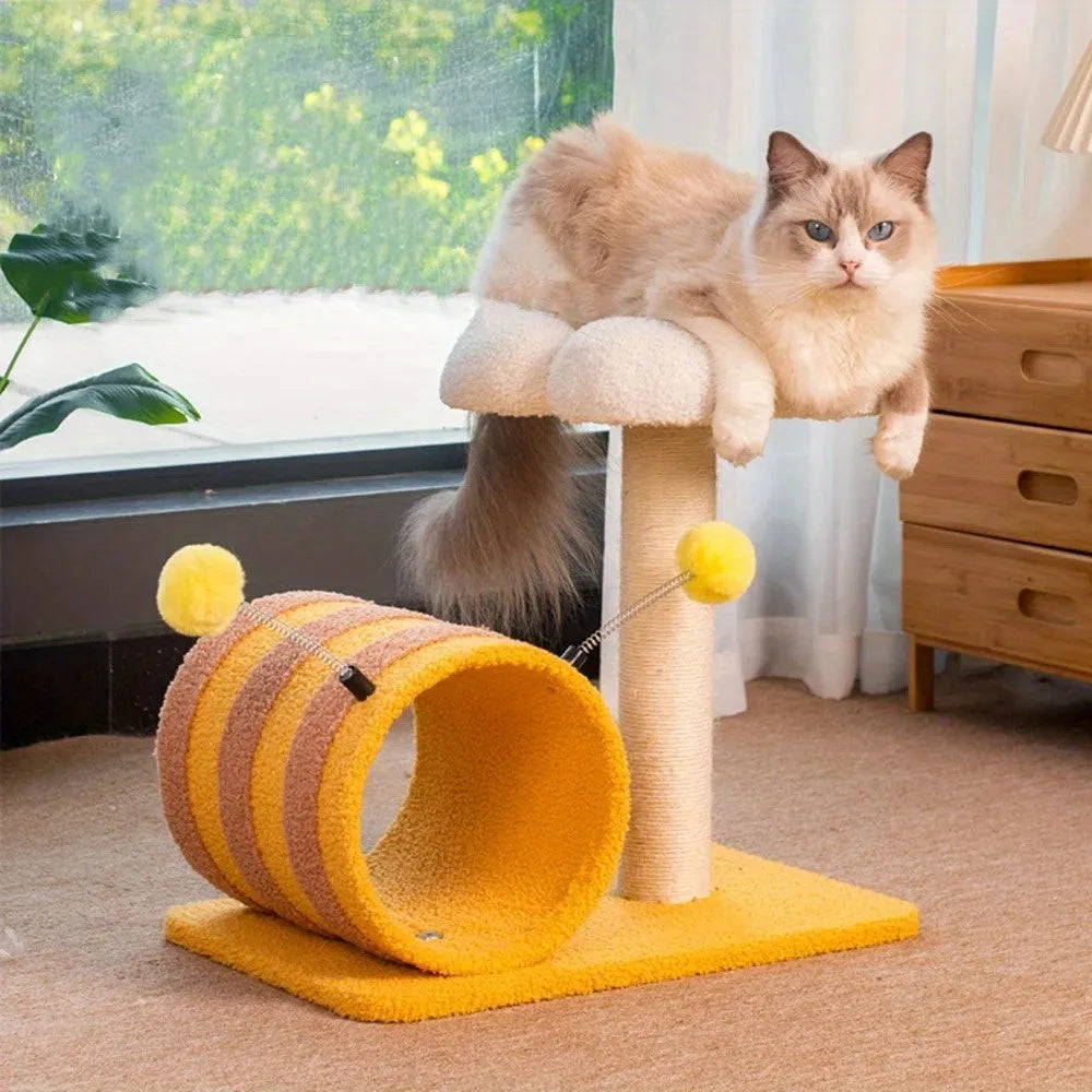 Yellow cat climbing frame with sisal scratching board and tunnel, dimensions 46x36x25cm