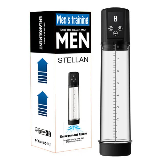 Electric penis pump vacuum trainer for men made from ABS and TPE materials.
