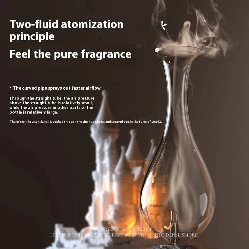 White medieval castle design waterless aromatherapy machine with ambient light on a table.