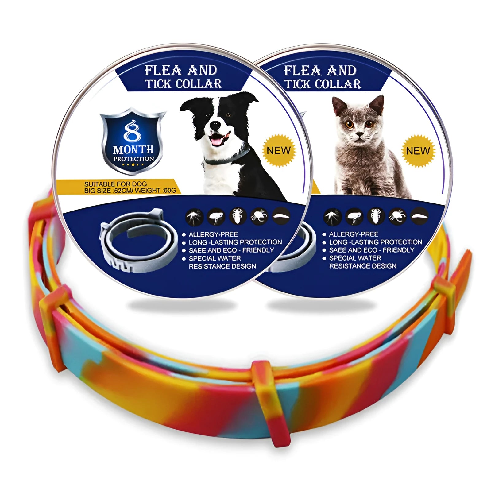 Rainbow design flea prevention collar for cats and dogs with plastic construction