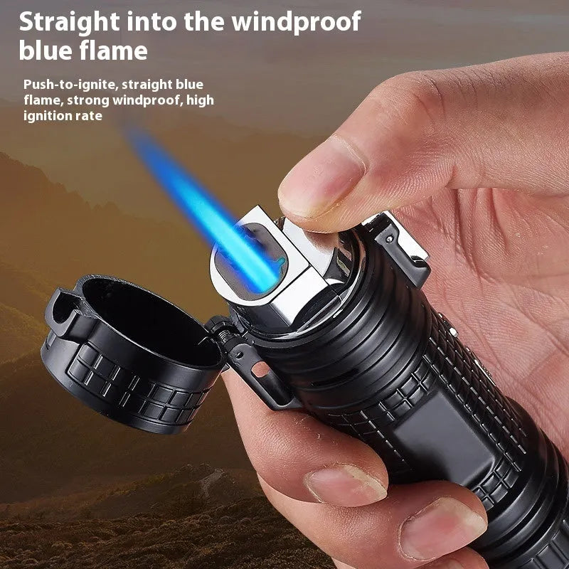 TH727 multi-function metal waterproof flashlight lighter in camouflage, red, black, blue, and yellow colour options.