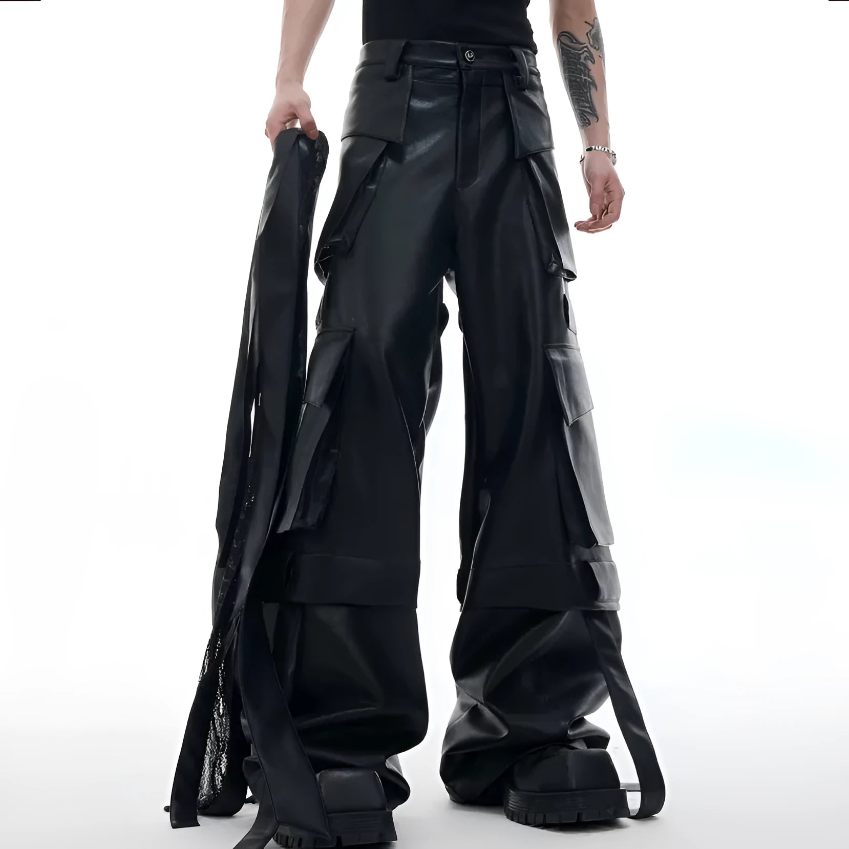 Men's black loose-fit leather trousers with quilted stitching and multiple pockets