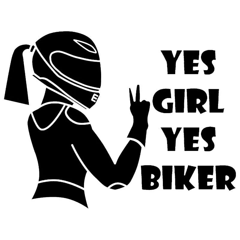 Waterproof car sticker with girl rider motorcycle pattern in black, white, and laser colours measuring 16cm by 15cm