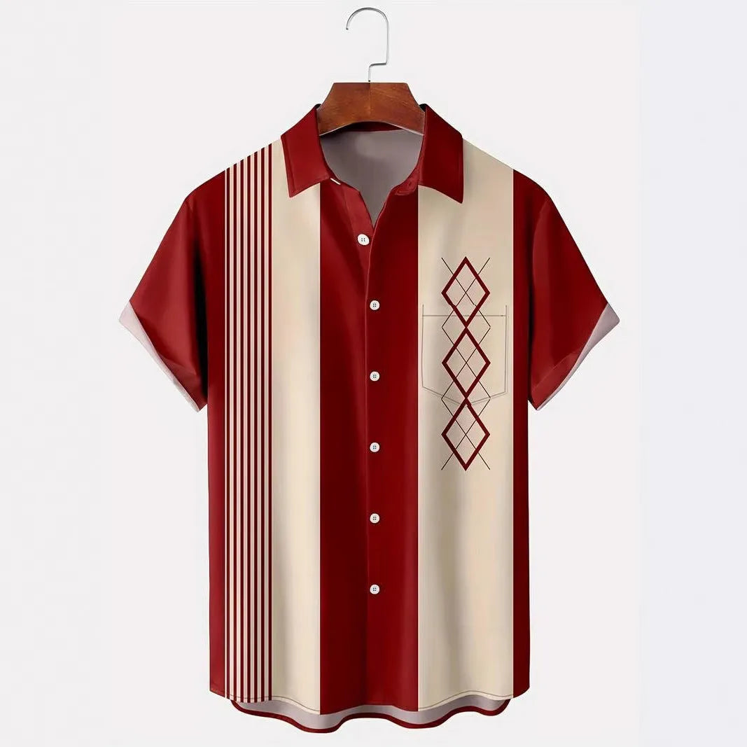 Men's plaid short-sleeved cardigan shirt in a contrast colour, loose fit, on a hanger.