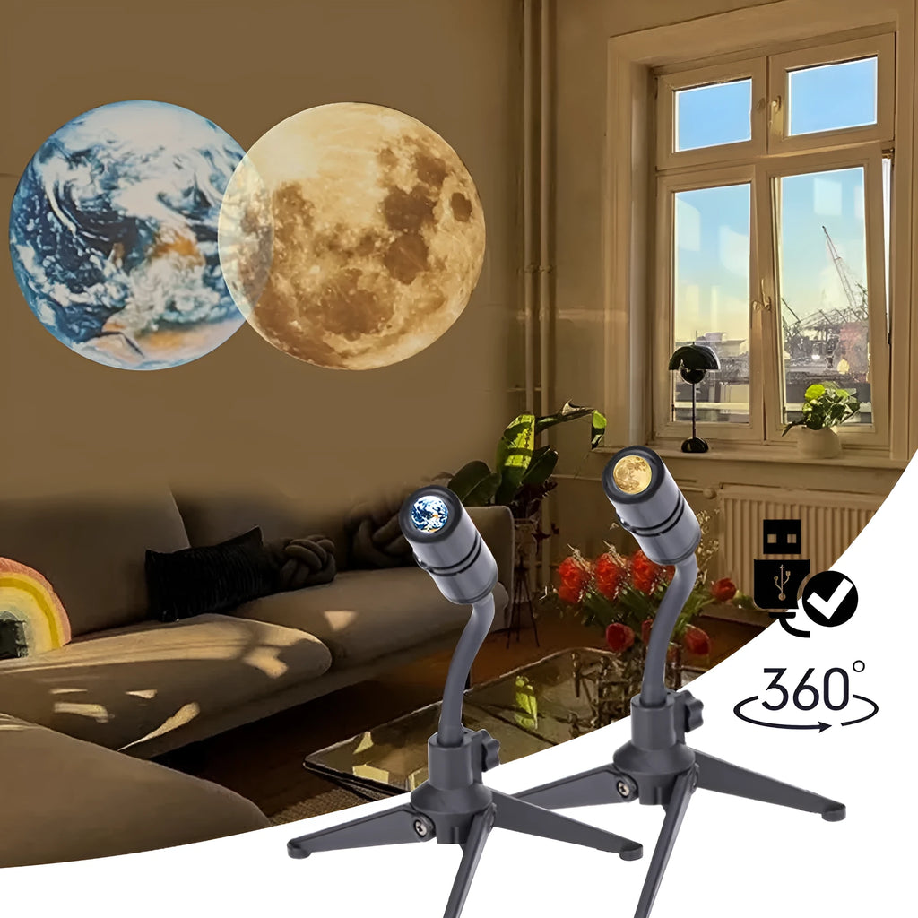 White star projector lamp with adjustable hose projecting an image of the earth onto a wall.