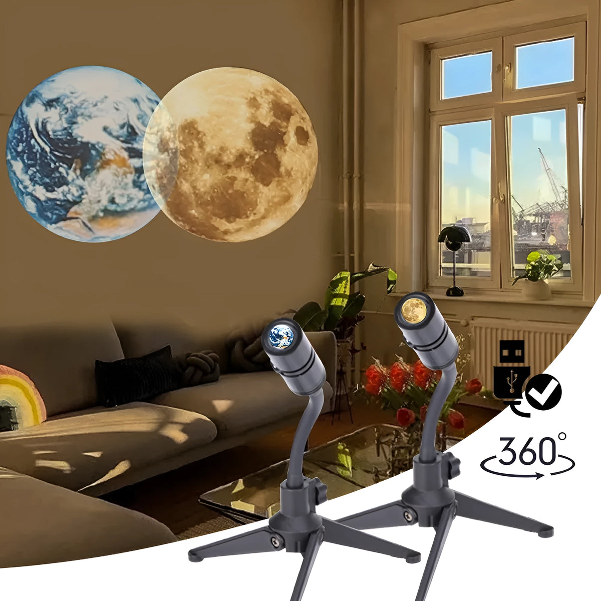 White star projector lamp with adjustable hose projecting an image of the earth onto a wall.