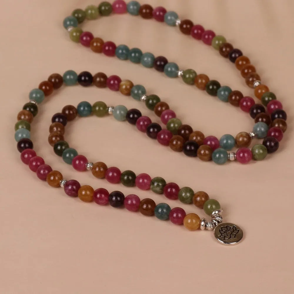 108 bead multi-layer bracelet with hanging lotus design in tourmaline colour