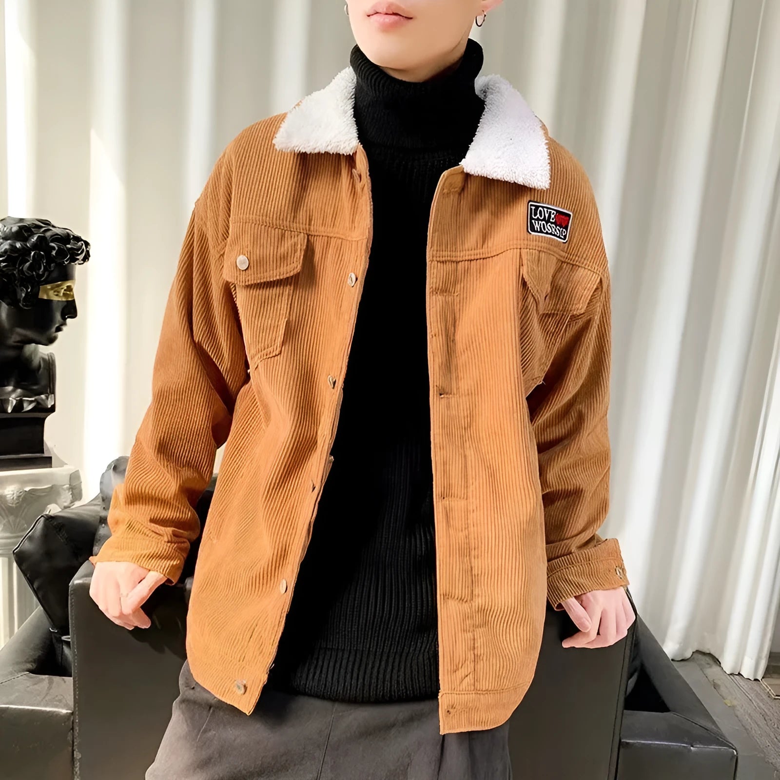 Man wearing a khaki coloured loose fit corduroy work jacket with stick pockets.