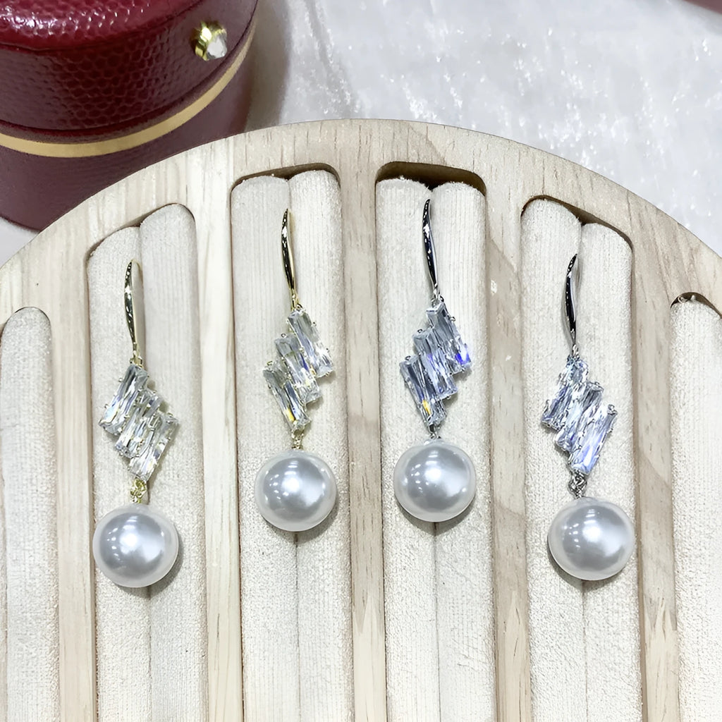 French hook earrings with pearl drop and micro inlaid sparkling diamond accent in Gold or Silvery