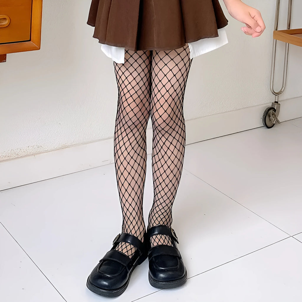 Women's summer mesh stockings showing large, medium and small net patterns in black and white colours