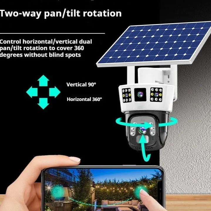 Solar-powered binocular outdoor surveillance camera with dual lenses and solar panel